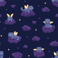 Seamless vector pattern of cute fluffy winged kittens on the background of the night sky with stars and clouds Royalty Free Stock Photo